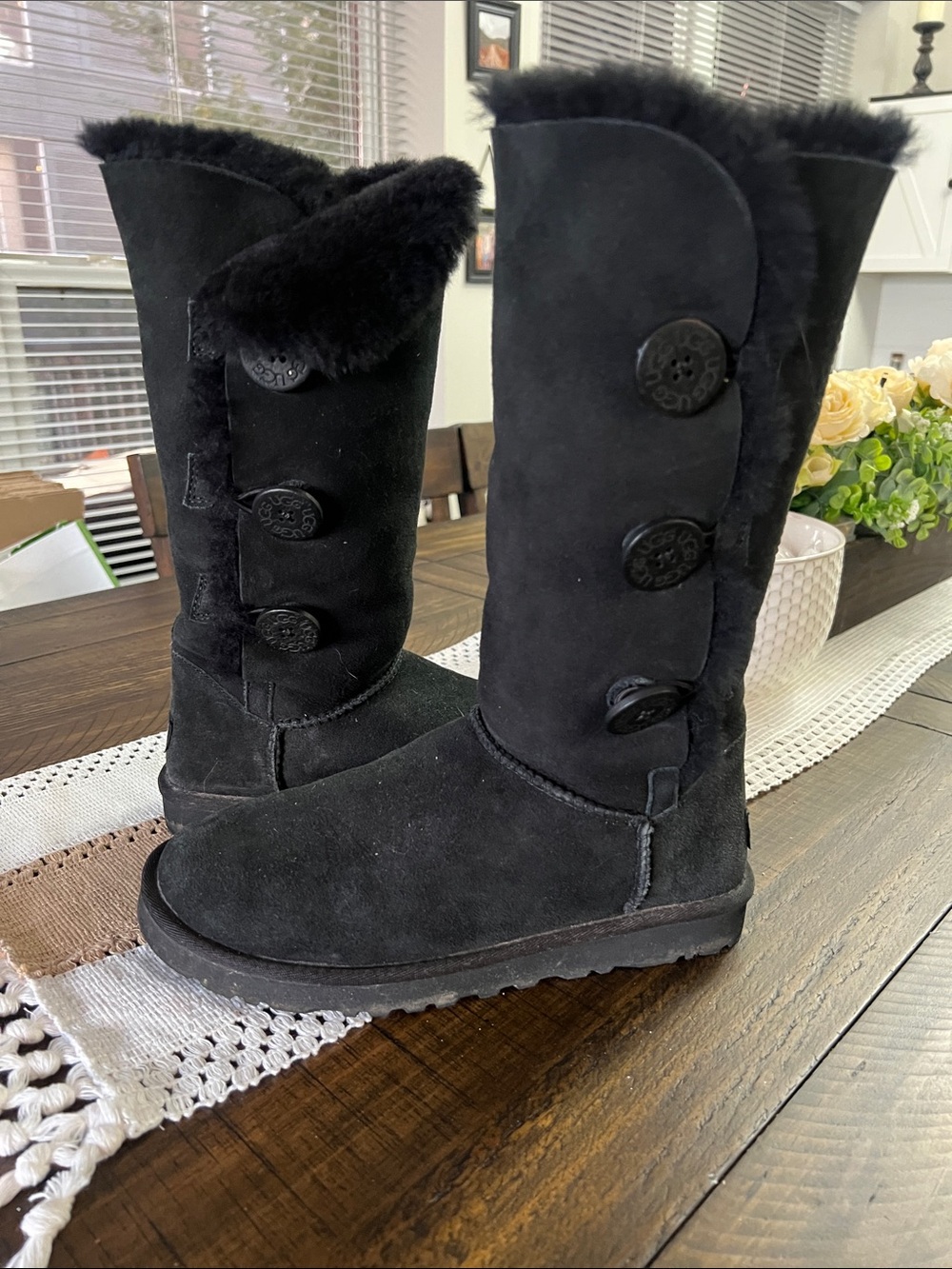 UGG Black Button-Front Shearling Mid-Calf Boots
